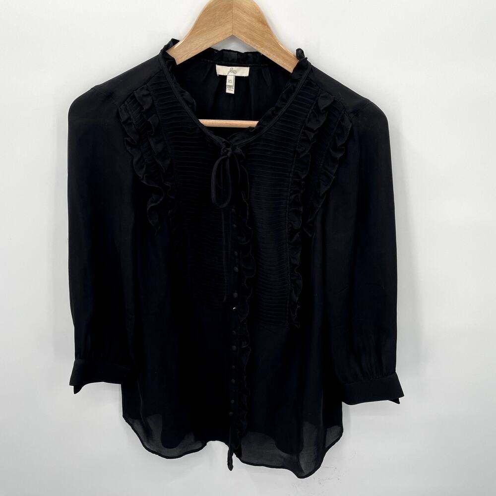 JOIE 100% Silk Ruffle Tie Neck Black Long Sleeve Blouse // XS - Picture 6 of 10